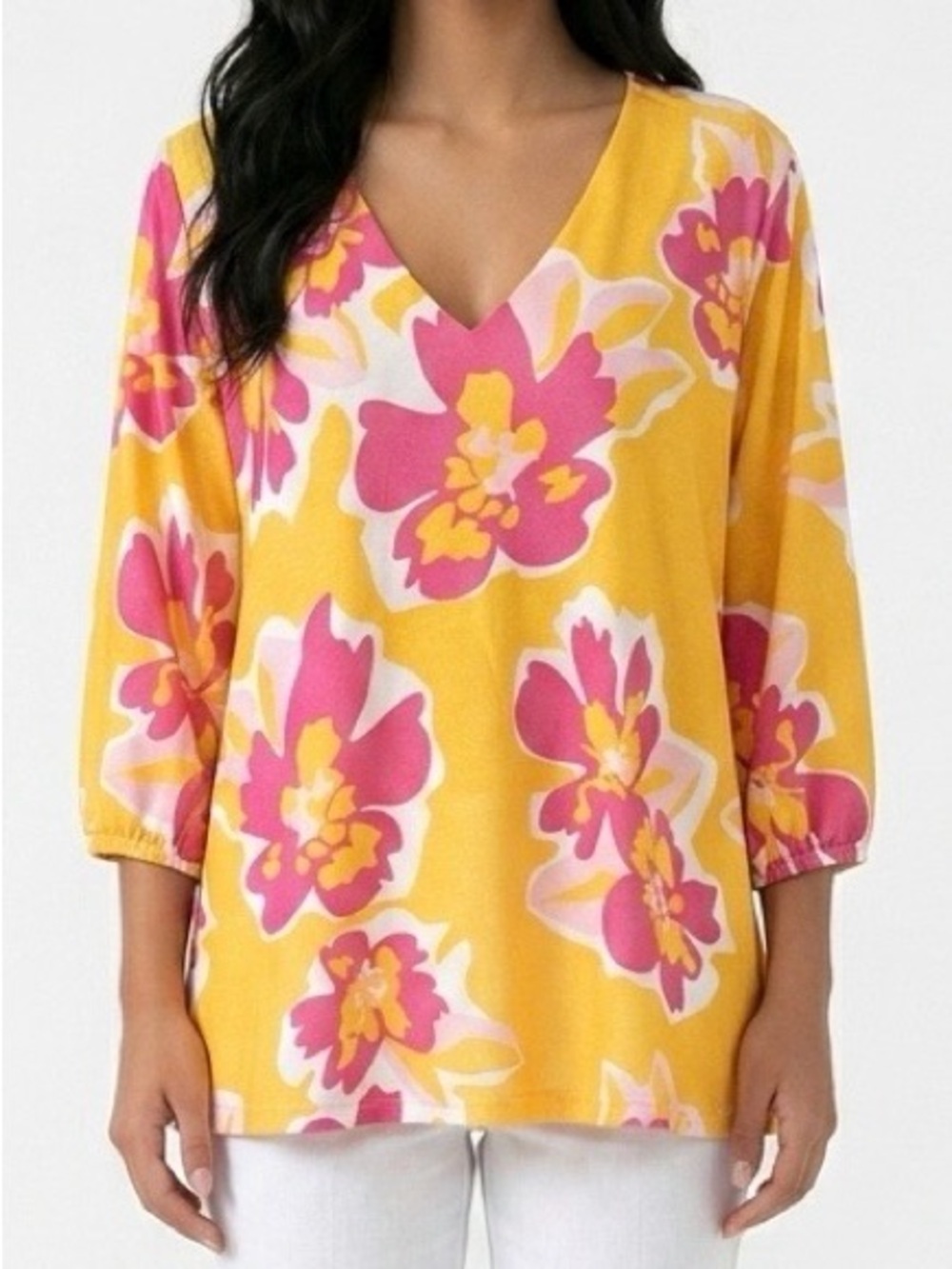 V-Neck Floral Tunic Top in Yellow and Pink